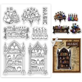 GLOBLELAND Magic Potion Clear Stamps Bookshelf Silicone Clear Stamp Seals Book Transparent Stamps for DIY Scrapbooking Cards Making Photo Album Journal