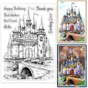 GLOBLELAND Vintage Castle Background Clear Stamps Retro Castle Blessings Words Silicone Clear Stamp Seals for Cards Making DIY Scrapbooking Photo Journal Album Decoration