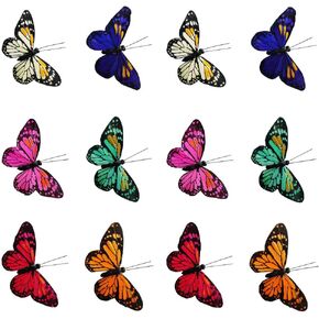 BAOZOON 12 Pcs Feather Butterfly Decorations Vibrant Multi Colored Fake Butterflies Craft Butterfly Wall Decals with Glue Balcony Flower Pot Garden Wedding Decoration(Colorful)