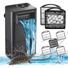 Turtle Tank Filter Power Adjustable 10-40 Gal. 222 GPH Aquarium Filter w/ Filter Mdeia Accessories 1Pcs Ceramic Ball Plate & 4pcs Low Water Level Power Filter Replacement Sponge Clip for IX-90 Filter