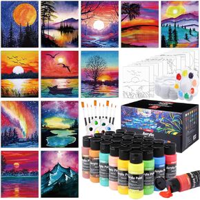 Ammostingspark 12 مجموعة الطلاء والرسم SIP للبالغين 8 "× 10" قماش مسبقة للطلاء Dly Dly Acrylic Paint مع فرش ، 24 لونًا (60 مل ، 2 أوقية) لمستلزمات حفلات Date Night (مشهد رائع)