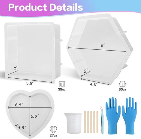 Epoxy Resin Molds Silicone,Large Heart Hexagon Square Silicone Resin Molds for Flower Preservation,Resin Casting,Bookend,Home Decors,DIY Resin Art in Saudi Arabia