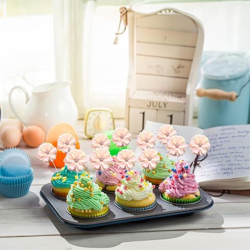 Ephlyn 24Pcs Flower Cupcake Toppers Daisy Flower Cupcake Pick Decorations for Flower Theme Spring Birthday Wedding Bridal Baby Shower Birthday Party Decoration Supplies Blue in Kuwait