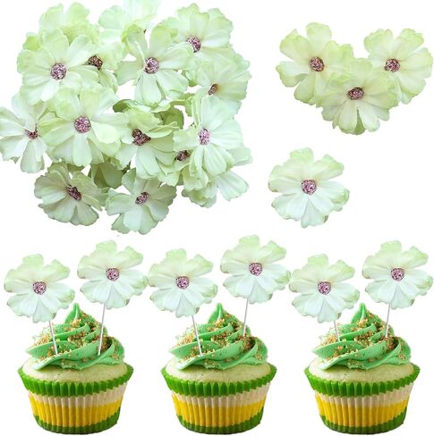 Ephlyn 24Pcs Flower Cupcake Toppers Daisy Flower Cupcake Pick Decorations for Flower Theme Spring Birthday Wedding Bridal Baby Shower Birthday Party Decoration Supplies Blue in Saudi Arabia