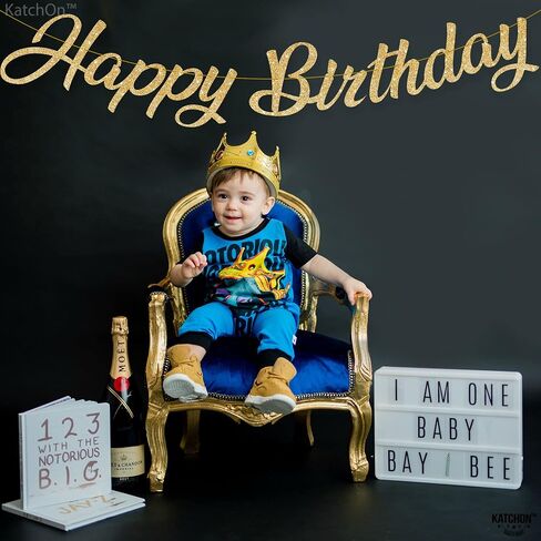 KatchOn, Glitter Gold Happy Birthday Banner - Pre-Strung, No DIY, 10 Feet | Gold Happy Birthday Sign | Gold 50th Birthday Decorations | Gold Birthday Banner for Women | Happy Birthday Decorations in Saudi Arabia