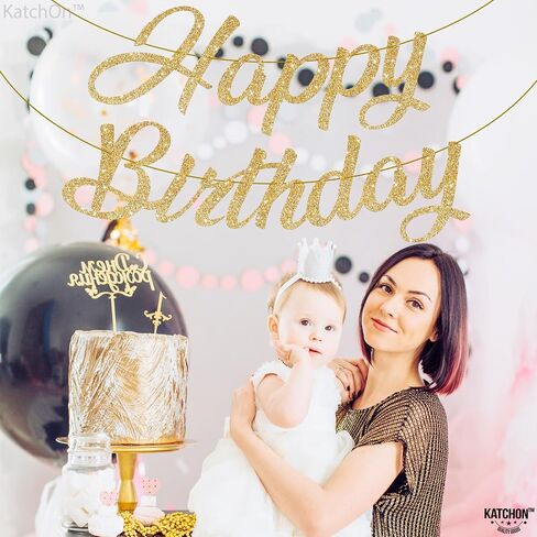 KatchOn, Glitter Gold Happy Birthday Banner - Pre-Strung, No DIY, 10 Feet | Gold Happy Birthday Sign | Gold 50th Birthday Decorations | Gold Birthday Banner for Women | Happy Birthday Decorations in Saudi Arabia