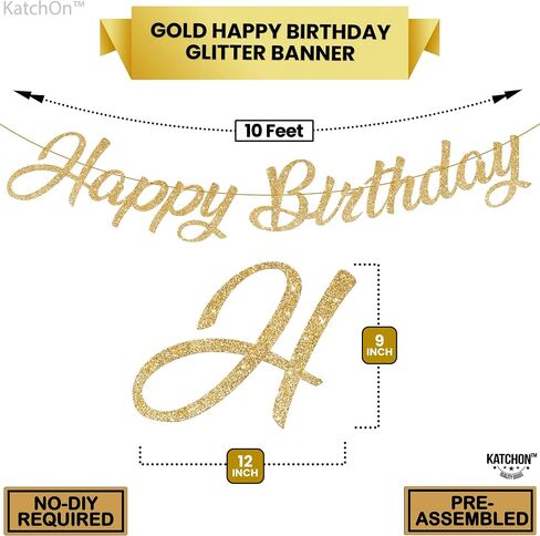 KatchOn, Glitter Gold Happy Birthday Banner - Pre-Strung, No DIY, 10 Feet | Gold Happy Birthday Sign | Gold 50th Birthday Decorations | Gold Birthday Banner for Women | Happy Birthday Decorations in Saudi Arabia