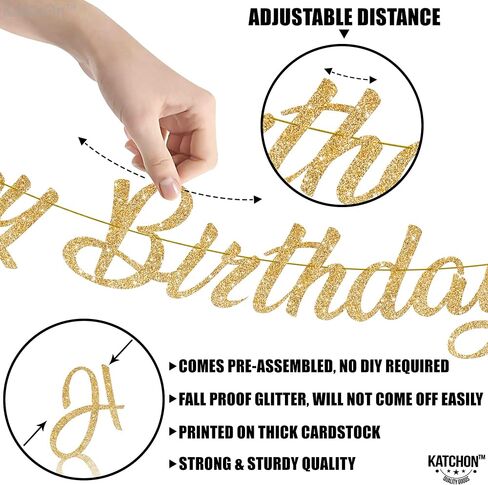 KatchOn, Glitter Gold Happy Birthday Banner - Pre-Strung, No DIY, 10 Feet | Gold Happy Birthday Sign | Gold 50th Birthday Decorations | Gold Birthday Banner for Women | Happy Birthday Decorations in Saudi Arabia