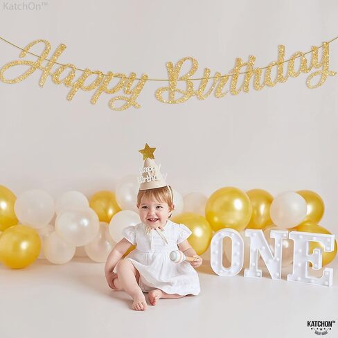 KatchOn, Glitter Gold Happy Birthday Banner - Pre-Strung, No DIY, 10 Feet | Gold Happy Birthday Sign | Gold 50th Birthday Decorations | Gold Birthday Banner for Women | Happy Birthday Decorations in Saudi Arabia
