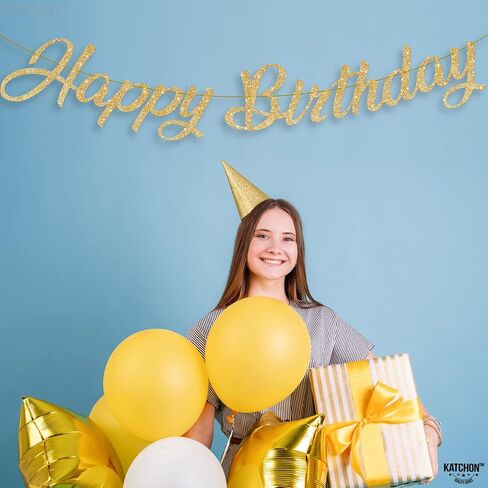 KatchOn, Glitter Gold Happy Birthday Banner - Pre-Strung, No DIY, 10 Feet | Gold Happy Birthday Sign | Gold 50th Birthday Decorations | Gold Birthday Banner for Women | Happy Birthday Decorations in Saudi Arabia