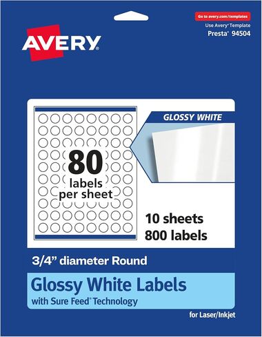 Avery Glossy White Round Labels-3/4 بوصة ، 800 ملصقات ، طباعة إلى الحافة ، لاصق دائم ، ليزر/نفث الحبر القابل للطباعة in Kuwait