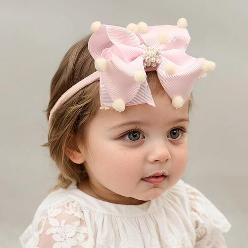 Baby Girls Ribbon Bow Elastic Nylon Headband with Crystal Crown Toddler Bow-knot Stretchy Hair Band Birthday Party Hair Bow Accessories for Newborn Infant (Pink 2, Elastic) in Kuwait