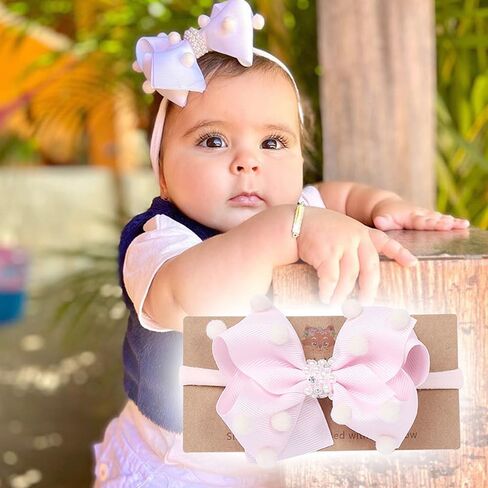 Baby Girls Ribbon Bow Elastic Nylon Headband with Crystal Crown Toddler Bow-knot Stretchy Hair Band Birthday Party Hair Bow Accessories for Newborn Infant (Pink 2, Elastic) in Kuwait