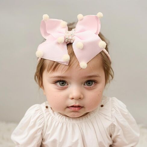 Baby Girls Ribbon Bow Elastic Nylon Headband with Crystal Crown Toddler Bow-knot Stretchy Hair Band Birthday Party Hair Bow Accessories for Newborn Infant (Pink 2, Elastic) in Kuwait