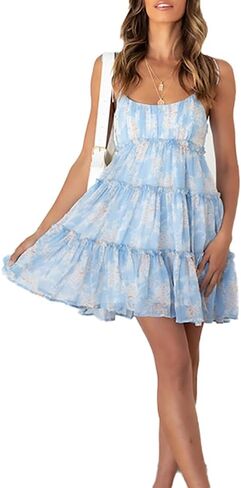 kinstell Women's Boho Spaghetti Strap Ruffle Square Neck Bowknot Backless Sleeveless Elegant Flowy Mini Short Skater Dresses in Kuwait