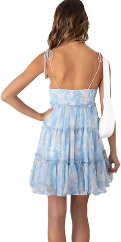 kinstell Women's Boho Spaghetti Strap Ruffle Square Neck Bowknot Backless Sleeveless Elegant Flowy Mini Short Skater Dresses in Kuwait