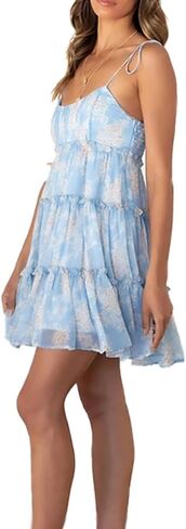 kinstell Women's Boho Spaghetti Strap Ruffle Square Neck Bowknot Backless Sleeveless Elegant Flowy Mini Short Skater Dresses in Kuwait