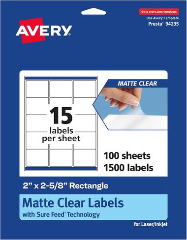 Avery Matte Clear Rectangle Labels with Sure Feed, 2" x 2-5/8", 150 Matte Clear Labels, Laser/Inkjet Printable Labels in Saudi Arabia