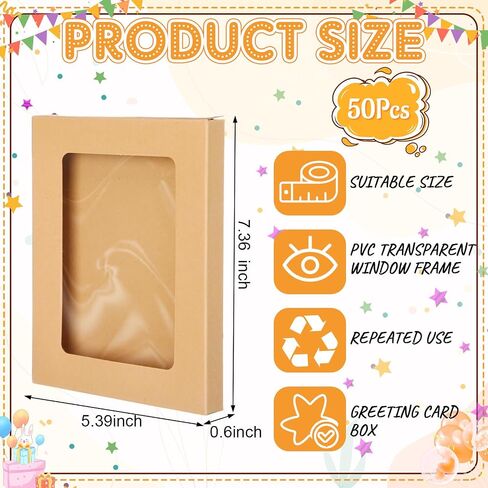 50 PCS مربع تخزين بطاقة تخزين بطاقة Kraft مع PVC شفافة نافذة تهنئة المغلف المطبقة الإطار السائبة القابلة للتخزين صورة بسكويت قابلة للتطبيق (4.5 × 6 × 0.6 بوصة) in Kuwait