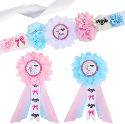 Trucks Or Tiaras Gender Reveal Maternity Sash Kit, Blue Or Pink Baby Shower Belly Belt and Mom to Be Dad to Be Corsage Pins, New Parents Pregnancy Announcement Photo Props Party Supplies in Kuwait