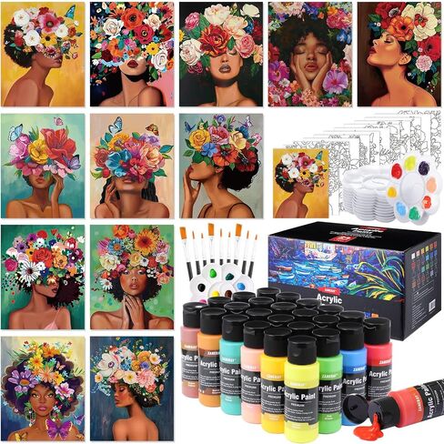 Ammostingspark 12 مجموعة الطلاء والرسم SIP للبالغين 8 "× 10" قماش مسبقة للطلاء Dly Dly Acrylic Paint مع فرش ، 24 لونًا (60 مل ، 2 أوقية) لمستلزمات حفلات Date Night (مشهد رائع) in Kuwait