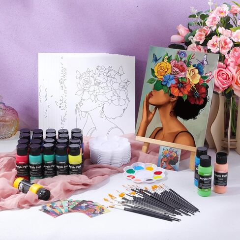 Ammostingspark 12 مجموعة الطلاء والرسم SIP للبالغين 8 "× 10" قماش مسبقة للطلاء Dly Dly Acrylic Paint مع فرش ، 24 لونًا (60 مل ، 2 أوقية) لمستلزمات حفلات Date Night (مشهد رائع) in Kuwait