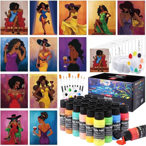 Ammostingspark 12 مجموعة الطلاء والرسم SIP للبالغين 8 "× 10" قماش مسبقة للطلاء Dly Dly Acrylic Paint مع فرش ، 24 لونًا (60 مل ، 2 أوقية) لمستلزمات حفلات Date Night (مشهد رائع) in Kuwait