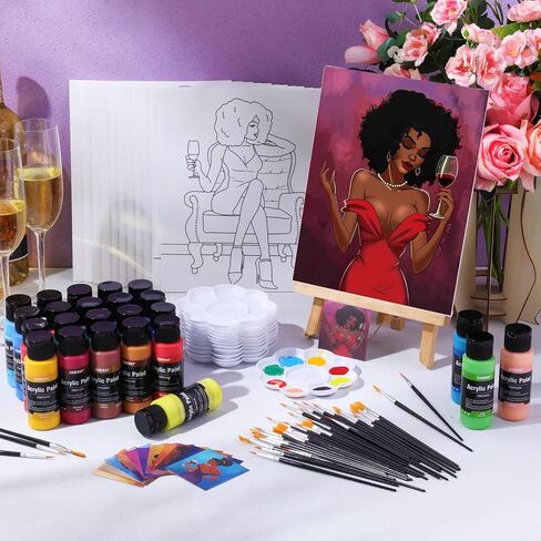 Ammostingspark 12 مجموعة الطلاء والرسم SIP للبالغين 8 "× 10" قماش مسبقة للطلاء Dly Dly Acrylic Paint مع فرش ، 24 لونًا (60 مل ، 2 أوقية) لمستلزمات حفلات Date Night (مشهد رائع) in Kuwait