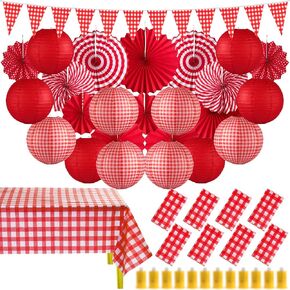 Moukeren 33 PCS Picnic Party Decorations مجموعة الورق الفوانيس الورقية راي غينغهام راية بانر مع مراوح ورق معلقة من أجل الكرنفال Picniv BBQ Party Supplies