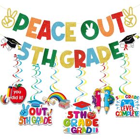 TTDQ PEACE OUT LAND الخامس لافتة الصف الخامس تخرج التخرج 2024 زخارف التخرج من المدارس الابتدائية لافتة التخرج من الصف الخامس لفئة 2024 تخرج تزيين