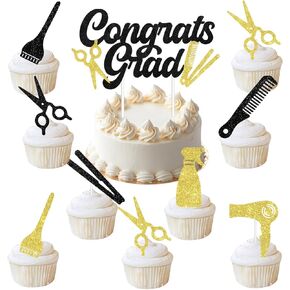 13pcs تصفيفة الشعر تخرج كعكة التخرج ، والأسود والذهبي اللمعان الحلاقة cupcake يختار ديكورات كعكة مصفف الشعر لصالح حلاقة التخرج الحزب ديكورات حفلة الشعر