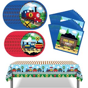 Train Party Decorations Train Theme Party Tableware Train Plates Tablecloth And Napkins for 16 Guests Train Railway Birthday Party Supplies