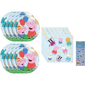 حزمة حفلة عيد ميلاد Peppa Pig لـ 16 تشمل 16 لوحة غداء ، 16 مناديل الغداء ، ورقة ملصق ديناصور واحدة