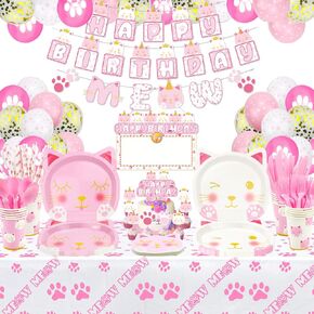 218 PCS Cat Balloons ، Banner Banner ، Meow Garland ، DIY Signing Sign ، Cake Topper ، Plates ، Falkins ، Cups ، Table -Fecloth for Cat Decords ،