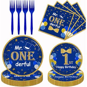 xxdecor 80pcs السيد OneDerful الأول ديكورات حفلة عيد ميلاد زرقاء Mr. OneDerful Party Party Plates Fackins Forks مجموعة أدوات المائدة لصالح Little Man Boy 1st Birthdy Party Supplies -