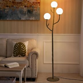 Rustic Farmhouse Floor Lamp - Tree Branch Lamp with 3 Moon Lights, Wood Grain Resin & Metal Base for Living Room, Bedroom and Office,3 Color Adjustable (67 Inch)