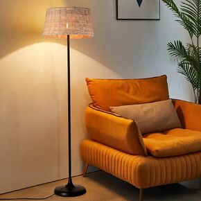 SUNLLOK Boho Rattan Floor Lamp for Living Room, Industrial Bamboo Lampshade Standing Lamp with Foot Switch, Modern Black Woven Tall Floor Light for Kitchen Island Bedroom Office Restaurant