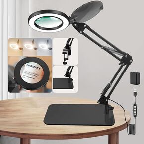 5X Magnifying Glass with Light and Stand, Dust Cover, 3 Color Modes Dimmable Lighted Lamp, 2-in-1 LED Magnifier with Light, Swing Arms for Close Work, Craft, Sewing, Needlework, Hands Free