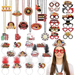 36 PCS Casino Night Party Supplies 12 قلادات من الخرز 12 عصابات رأس 12 ورقة من النظارات الليلية للملحقات Tiaras Poker Dice Sign Casino Party Favors Las Vegas Game Decorations