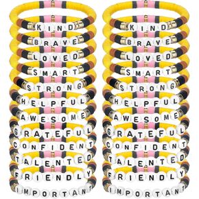 24 Pcs End of Year Student Gifts from Teacher Friendship Bracelet Inspirational Gift Pencil Theme Clay Beaded Bracelets Charm Jewelry for Student Kids Girl Team Friends Party