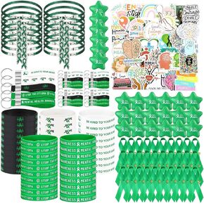 338 PCS تشمل عناصر التوعية بالصحة العقلية ملصقات ، أساور مطاطية ، سوار ، سلاسل رئيسية ، دبابيس الشريط الخضراء ، كرة إجهاد النجوم للبالغين المراهقين التوعية بالصحة العقلية شهر هدايا