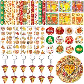 110pcs Pizza Party Favors for Kids - Pizza Birthday Party Decorations and Supplies with Pizza Diy Stickers و Slap Bracelets و Keychains و Buttons and Tattoos و Goodie Bag Fillers for Boys & Girls
