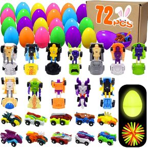 72 Pcs Easter Egg Fillers with Transformer Toys Inside, Toys for Ages 5-7 4-8 8-13 Easter Basket Essentials Easter Basket Stuffers with Glow in The Dark Sticks Easter Gifts for Kids