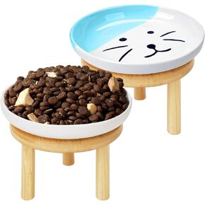 Shallow Elevated Cat Bowls with Bamboo Stand, 5.9 Inch Wide Ceramic Cat Dish Whisker Friendly, 2 Pack Pet Food and Water Plates