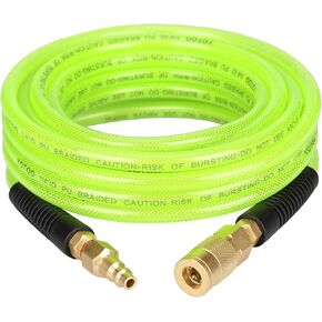 YOTOO Reinforced Polyurethane Air Hose 1/4" Inner Diameter by 100' Long, Flexible, Heavy Duty Air Compressor Hose with Bend Restrictor, 1/4" Swivel Industrial Quick Coupler and Plug, Green