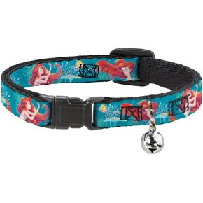 Buckle-Down Disney Cat Collar, Breakaway Collar with Bell, The Little Mermaid Flounder and Sebastian Under The Sea Green, 8.5 to 12 Inches 0.5 Inch Wide