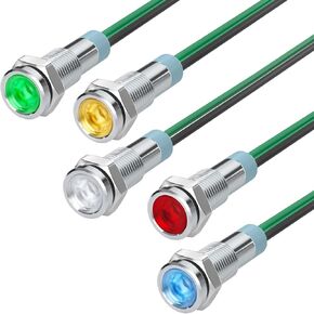 APIELE Indicator Light 6mm 1/4" Waterproof IP65 Metal Signal Lamp 12V-24V AC/DC LED Pilot Dash Lamp Red Green Blue Yellow White 5 PCS with 150mm Wire for Car Truck Boat (Multicolored)