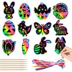SOSAZOZA 24 Pcs Easter Scratch Crafts, Magic Rainbow Scratch Paper Kit, Easter Scratch Paper, Cute Bunny Scratch Art, Easter Egg Rainbow Scratch Paper Ornaments, Easter Party Favors