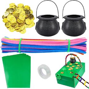DIY Leprechaun Trap Kit لـ St. Patrick's Day ، بما في ذلك 50pcs Samrock Glod Coins ، 100pcs منظفات الأنابيب متعددة الألوان ، 2pcs candy cauldron clotles ، 15pcs ورقة لاصقة خضراء