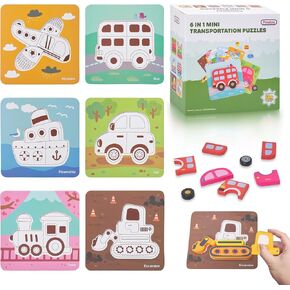 Prextex Vehicle Jigsaw Toddler Puzzles, 6-Pack - Wooden Puzzle Educational Toys for Kids 3 and Up -Train, Excavator, Steamship, Airplane, Car, Bus - Boost Fine Motor Skills and Problem-Solving